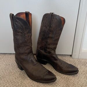Lucchese Dark Brown Leather Western Boots with Embroidered Shaft